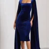 Flawless | Navy Velvet Square Neck Midi Dress With Cape Sleeves