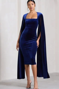 Flawless | Navy Velvet Square Neck Midi Dress With Cape Sleeves