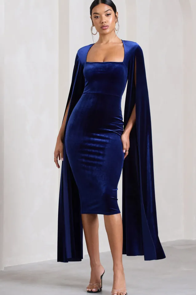 Flawless | Navy Velvet Square Neck Midi Dress With Cape Sleeves