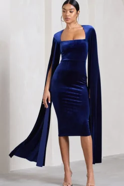 Flawless | Navy Velvet Square Neck Midi Dress With Cape Sleeves