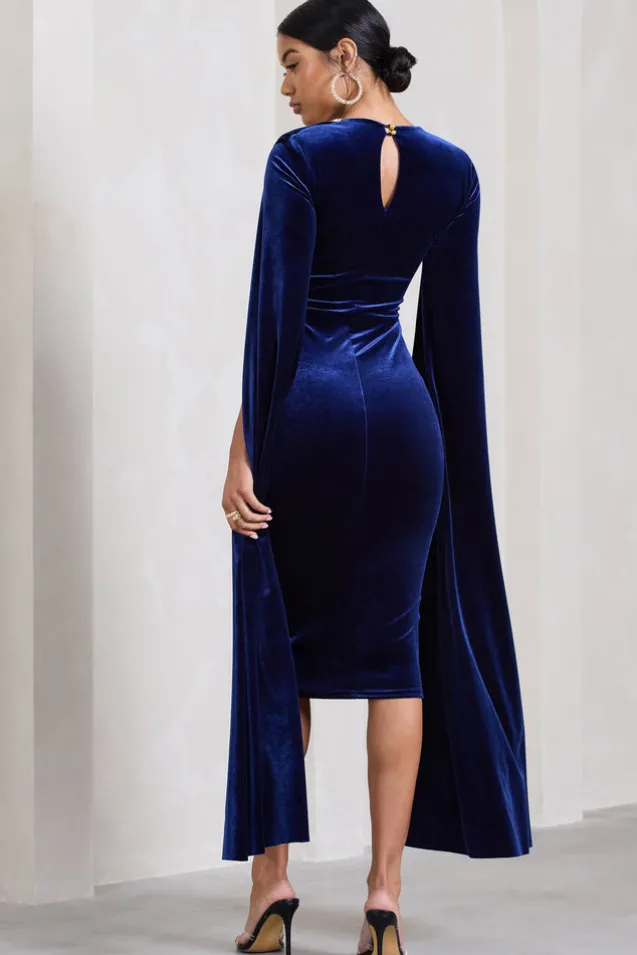 Flawless | Navy Velvet Square Neck Midi Dress With Cape Sleeves