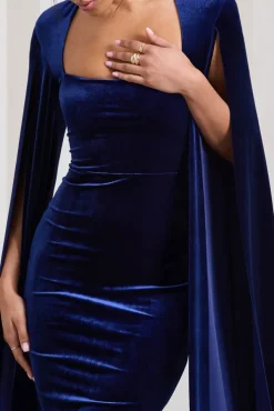 Flawless | Navy Velvet Square Neck Midi Dress With Cape Sleeves