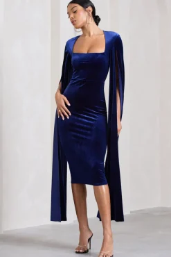 Flawless | Navy Velvet Square Neck Midi Dress With Cape Sleeves