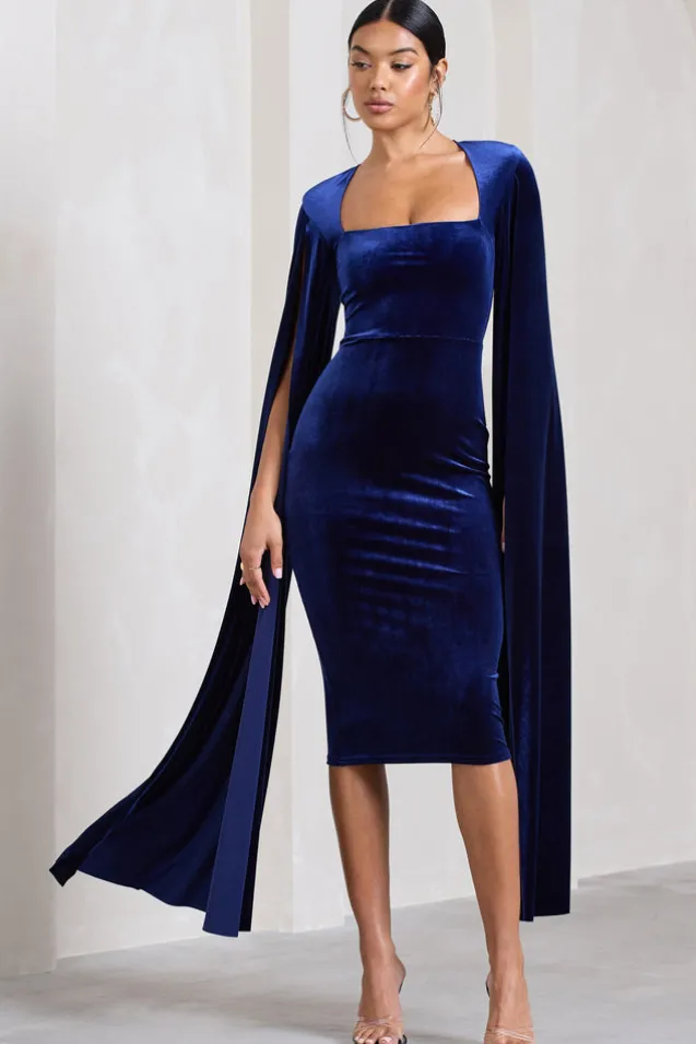 Flawless | Navy Velvet Square Neck Midi Dress With Cape Sleeves