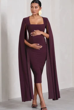 Flawless | Plum Maternity Square Neck Midi Dress With Cape Sleeves