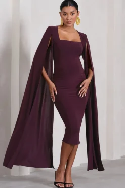Flawless | Plum Maternity Square Neck Midi Dress With Cape Sleeves