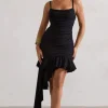 Fleetwood | Black Ruched Mini Dress With Asymmetric Ruffle Hem