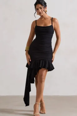 Fleetwood | Black Ruched Mini Dress With Asymmetric Ruffle Hem