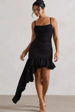 Fleetwood | Black Ruched Mini Dress With Asymmetric Ruffle Hem
