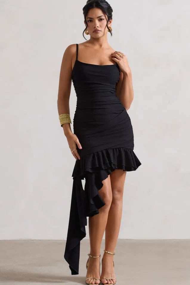 Fleetwood | Black Ruched Mini Dress With Asymmetric Ruffle Hem