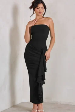 Fleur | Black Bandeau Ruffle Maxi Dress