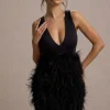 Flirt | Black Plunge Front Mini Dress With Feather Skirt