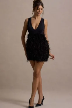 Flirt | Black Plunge Front Mini Dress With Feather Skirt