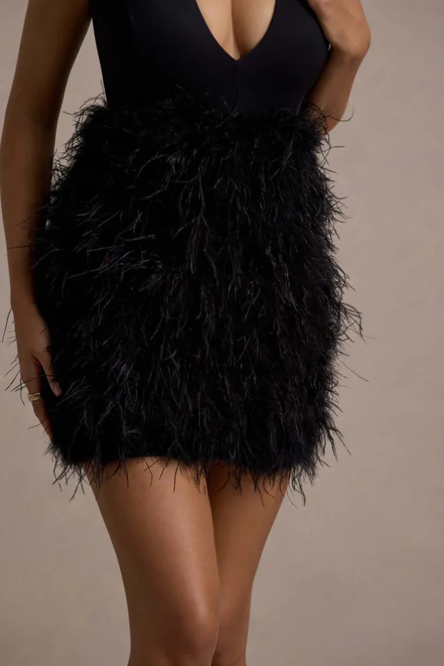 Flirt | Black Plunge Front Mini Dress With Feather Skirt