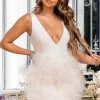 Flirt | White Plunge Front Mini Dress With Feather Skirt
