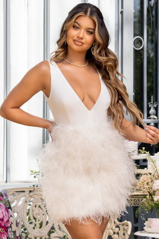 Flirt | White Plunge Front Mini Dress With Feather Skirt