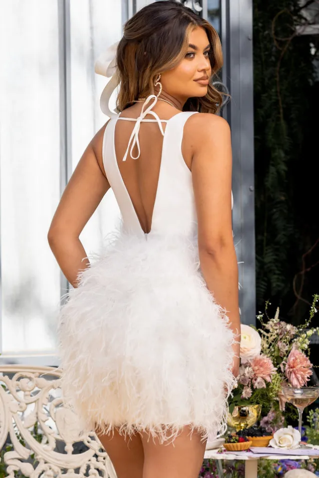 Flirt | White Plunge Front Mini Dress With Feather Skirt