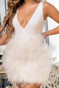 Flirt | White Plunge Front Mini Dress With Feather Skirt