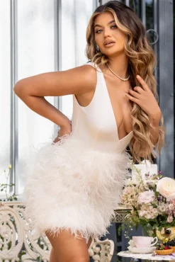 Flirt | White Plunge Front Mini Dress With Feather Skirt