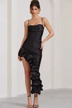 Florence | Black Satin Asymmetric Ruffle Cowl Midi Dress