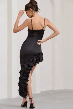 Florence | Black Satin Asymmetric Ruffle Cowl Midi Dress