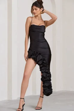 Florence | Black Satin Asymmetric Ruffle Cowl Midi Dress