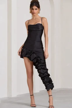 Florence | Black Satin Asymmetric Ruffle Cowl Midi Dress
