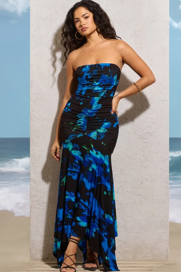 Florianne | Navy Floral Print Ruched Bandeau Maxi Dress