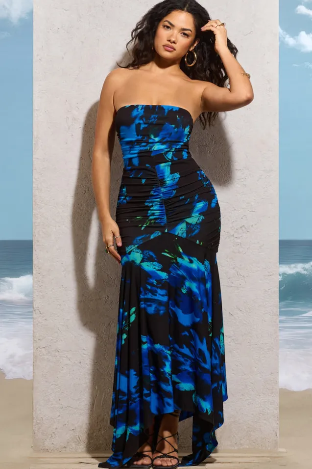 Florianne | Navy Floral Print Ruched Bandeau Maxi Dress