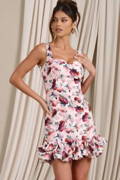 Flourish | White Floral Strappy Puff Ball Mini Dress