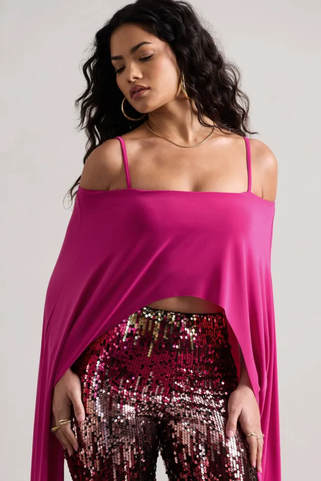Floyd | Dark Pink Bardot Cape Sleeve Crop Top