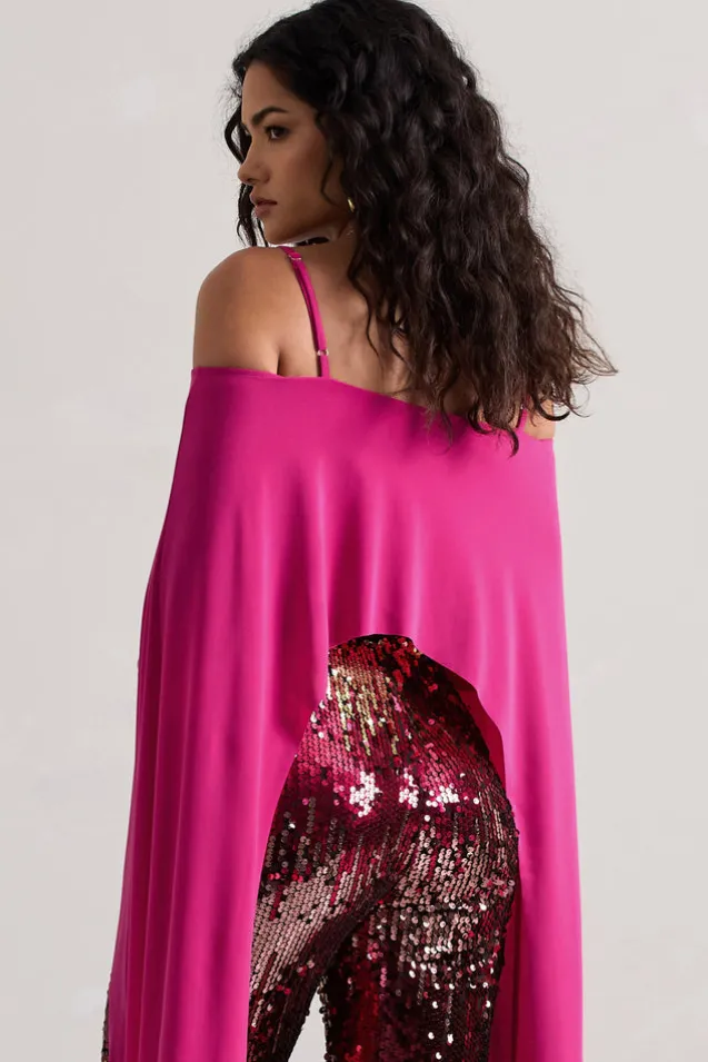 Floyd | Dark Pink Bardot Cape Sleeve Crop Top