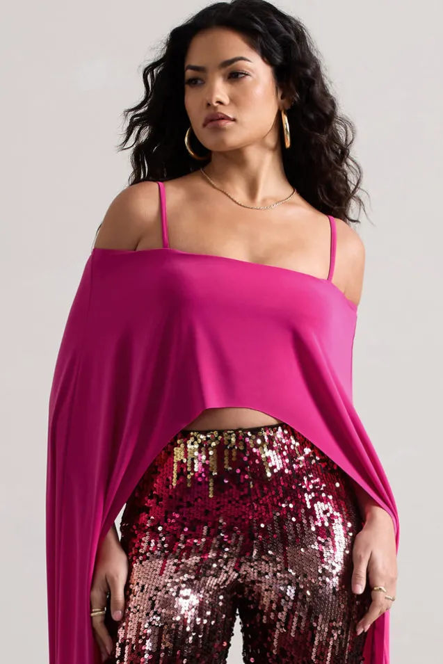 Floyd | Dark Pink Bardot Cape Sleeve Crop Top