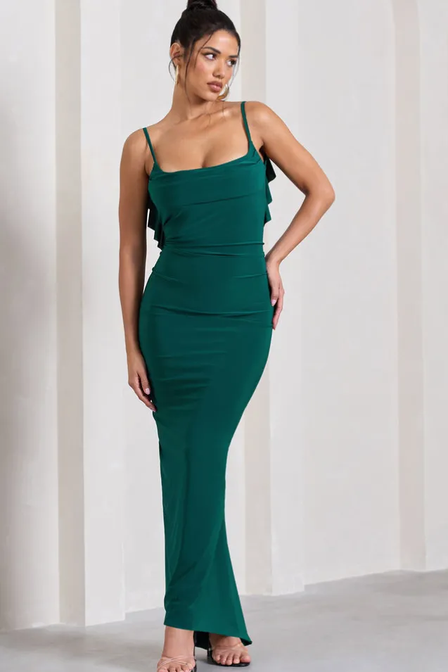 Flute | Bottle Green Bodycon Maxi Dress With Ruched Ruffled Back