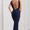 Flute | Navy Bodycon Maxi Dress With Ruched Ruffled Back