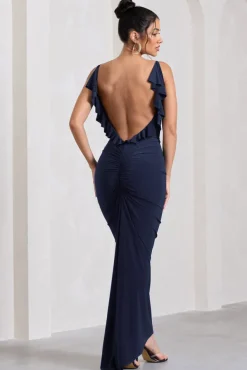 Flute | Navy Bodycon Maxi Dress With Ruched Ruffled Back