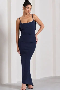 Flute | Navy Bodycon Maxi Dress With Ruched Ruffled Back