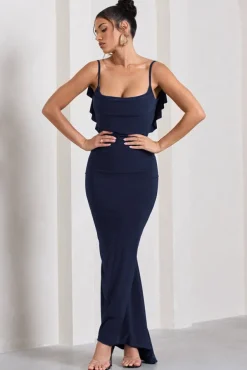 Flute | Navy Bodycon Maxi Dress With Ruched Ruffled Back