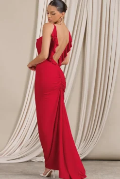 Flute | Red Bodycon Maxi Dress With Ruched Ruffled Back