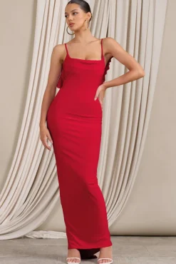 Flute | Red Bodycon Maxi Dress With Ruched Ruffled Back