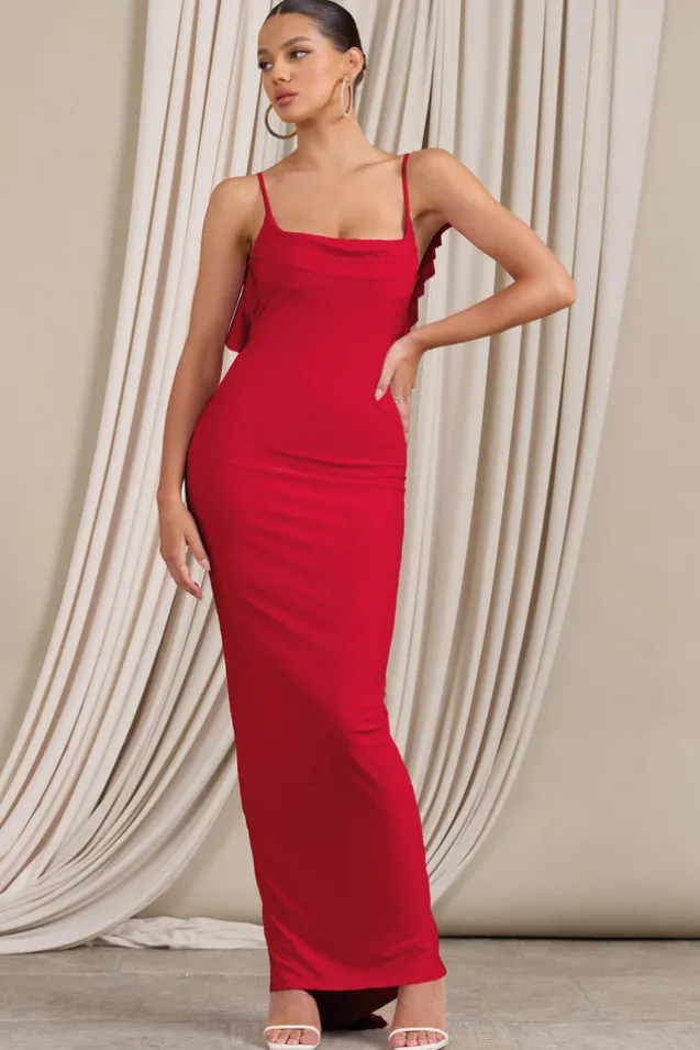 Flute | Red Bodycon Maxi Dress With Ruched Ruffled Back