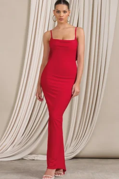 Flute | Red Bodycon Maxi Dress With Ruched Ruffled Back