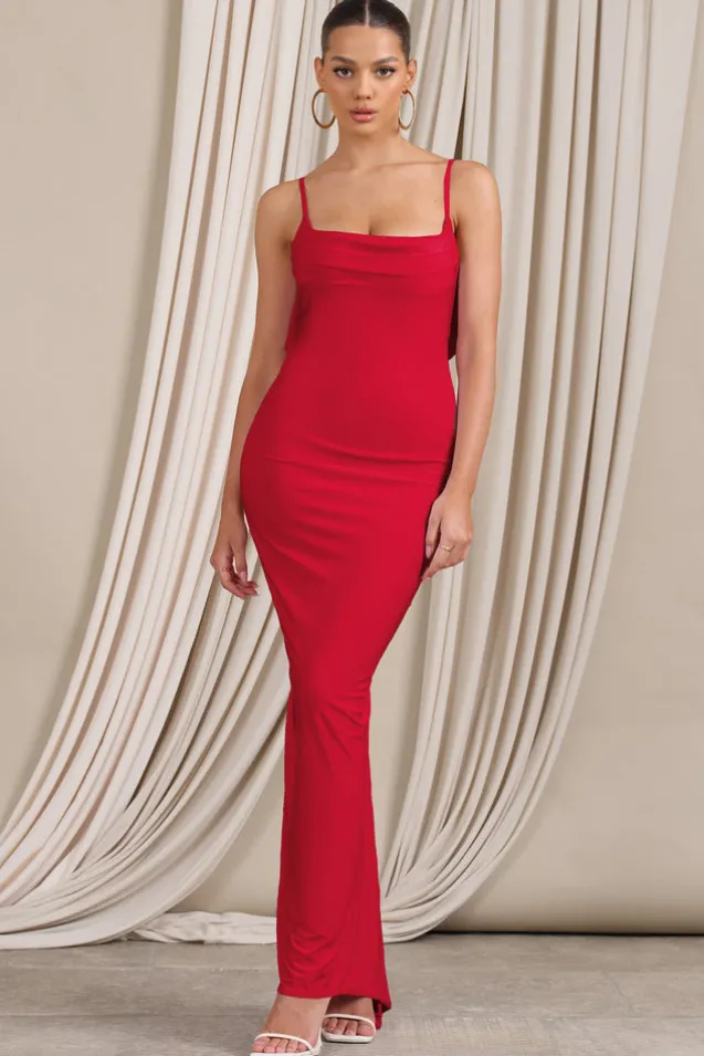 Flute | Red Bodycon Maxi Dress With Ruched Ruffled Back