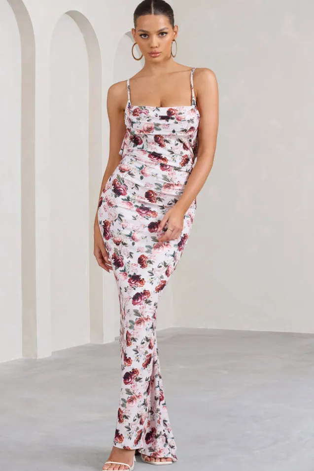 Flute | White Floral Bodycon Maxi Dress With Ruched Ruffled Back