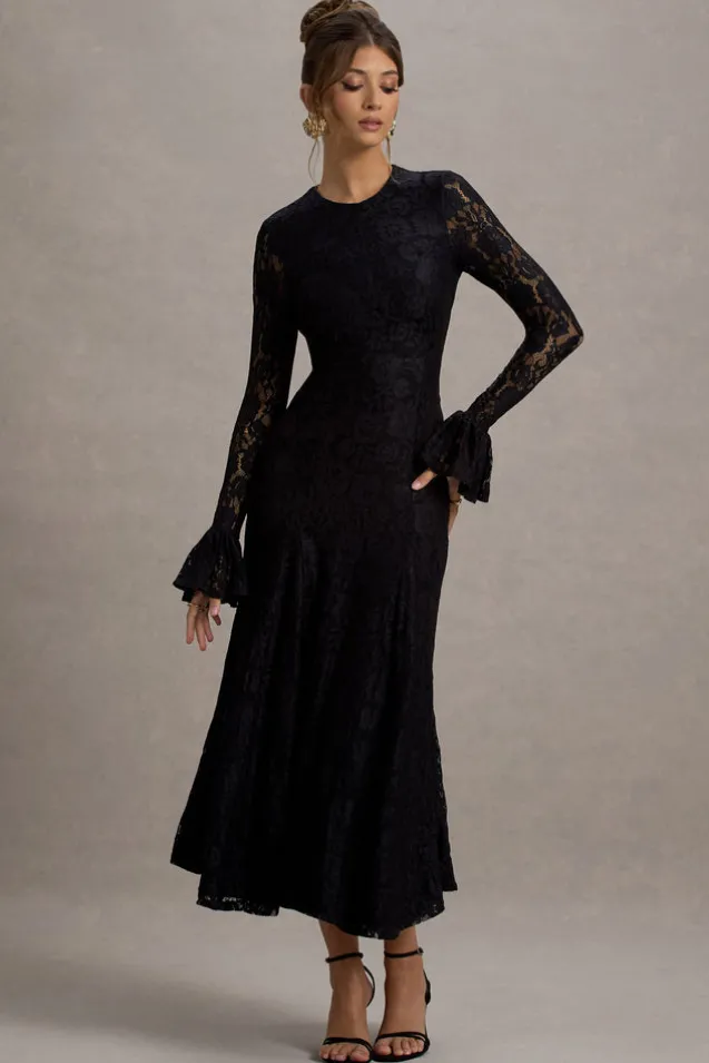 For Life | Black Lace Long-Sleeve Midi Dress