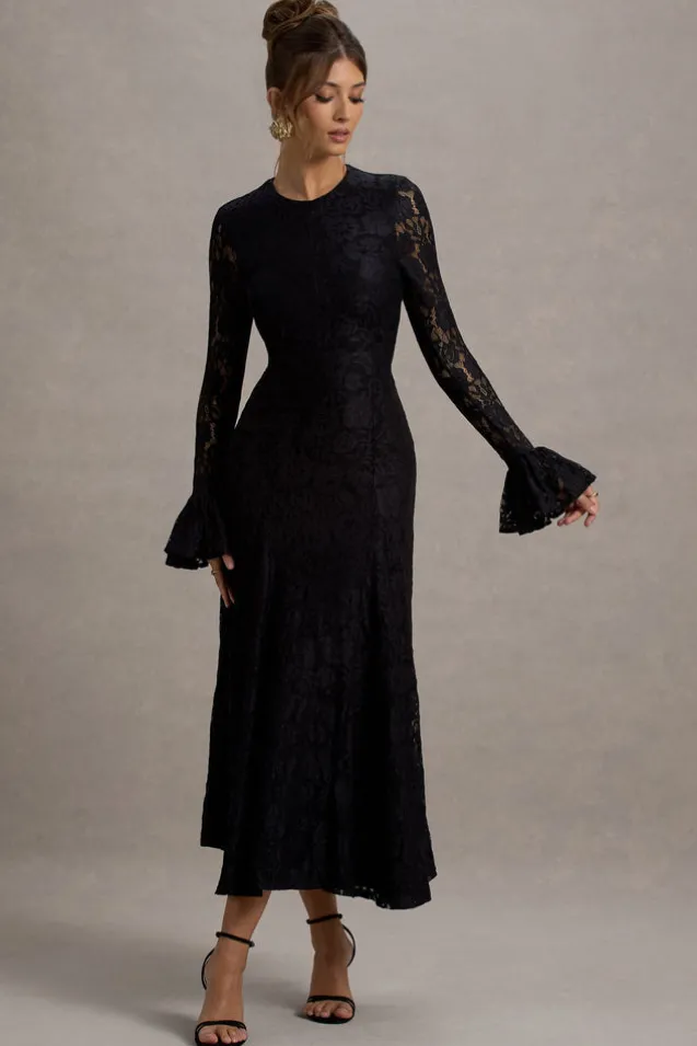 For Life | Black Lace Long-Sleeve Midi Dress