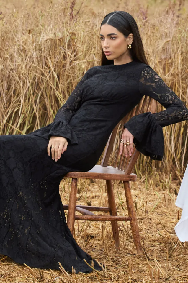 For Life | Black Lace Long-Sleeve Midi Dress
