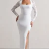 For Love | White Split Maxi Dress With Lace Sleeves