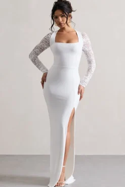 For Love | White Split Maxi Dress With Lace Sleeves