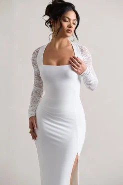 For Love | White Split Maxi Dress With Lace Sleeves